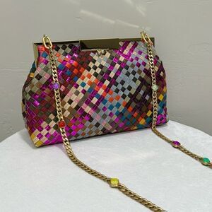 Colorful Woven Leather Handmade Kisslock Metal Frame Handbag, Multi Use Style